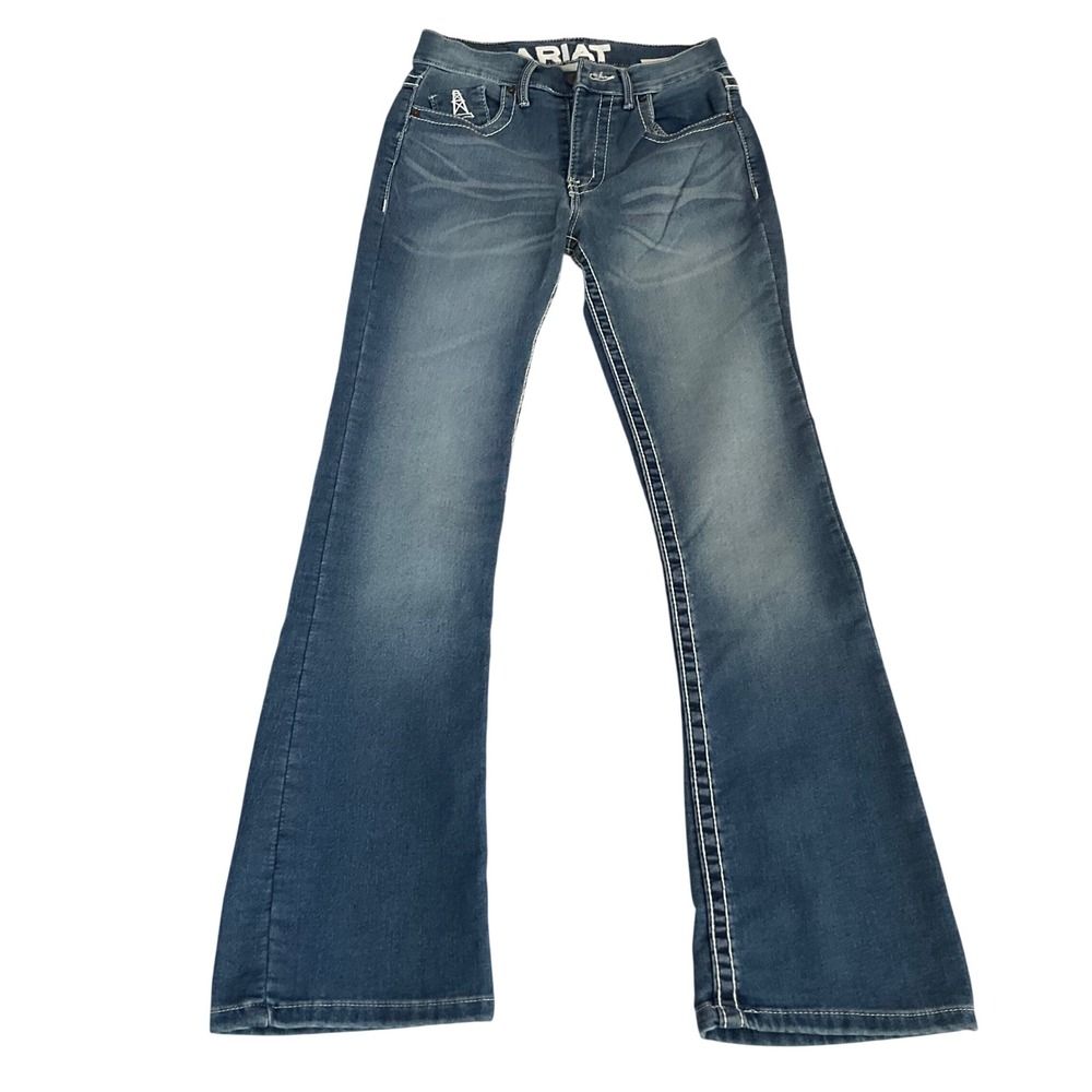Ariat Bootcut Jeans Womens 7 Blue Embroidered Thick Stitch Oil Derrick